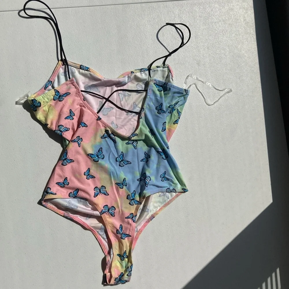 3/$12 Rue21 Butterfly tie dye print bodysuit w stretch criss cross casual boho - Picture 9 of 16